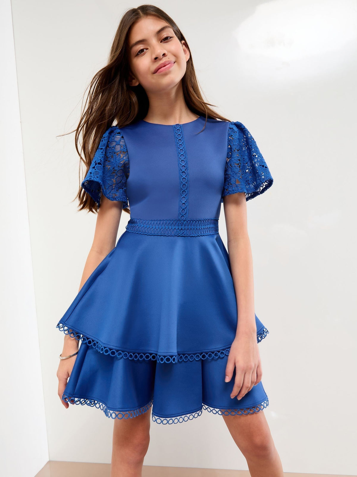 Lipsy Cobalt Blue Lace Angel Sleeve Scuba Occasion Dress (5-16yrs) - image 1