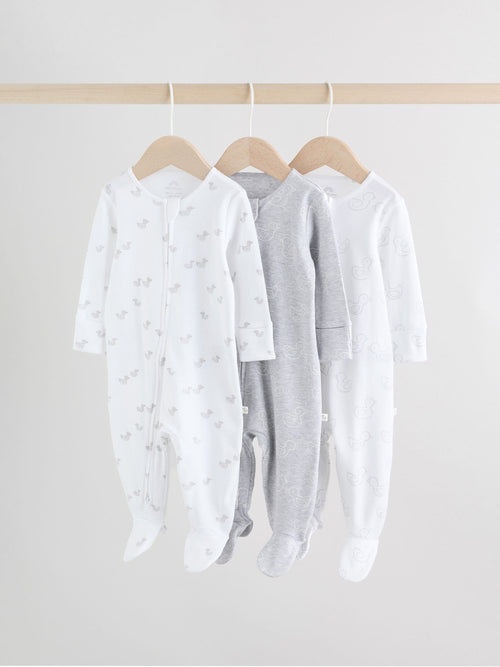 Grey Baby Two Way Zip Sleepsuits 3 Pack (0-2yrs) image 1