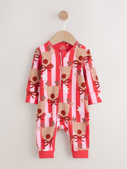 Pink Baby Christmas Reindeer Stripe Sleepsuit (0mths-3yrs)