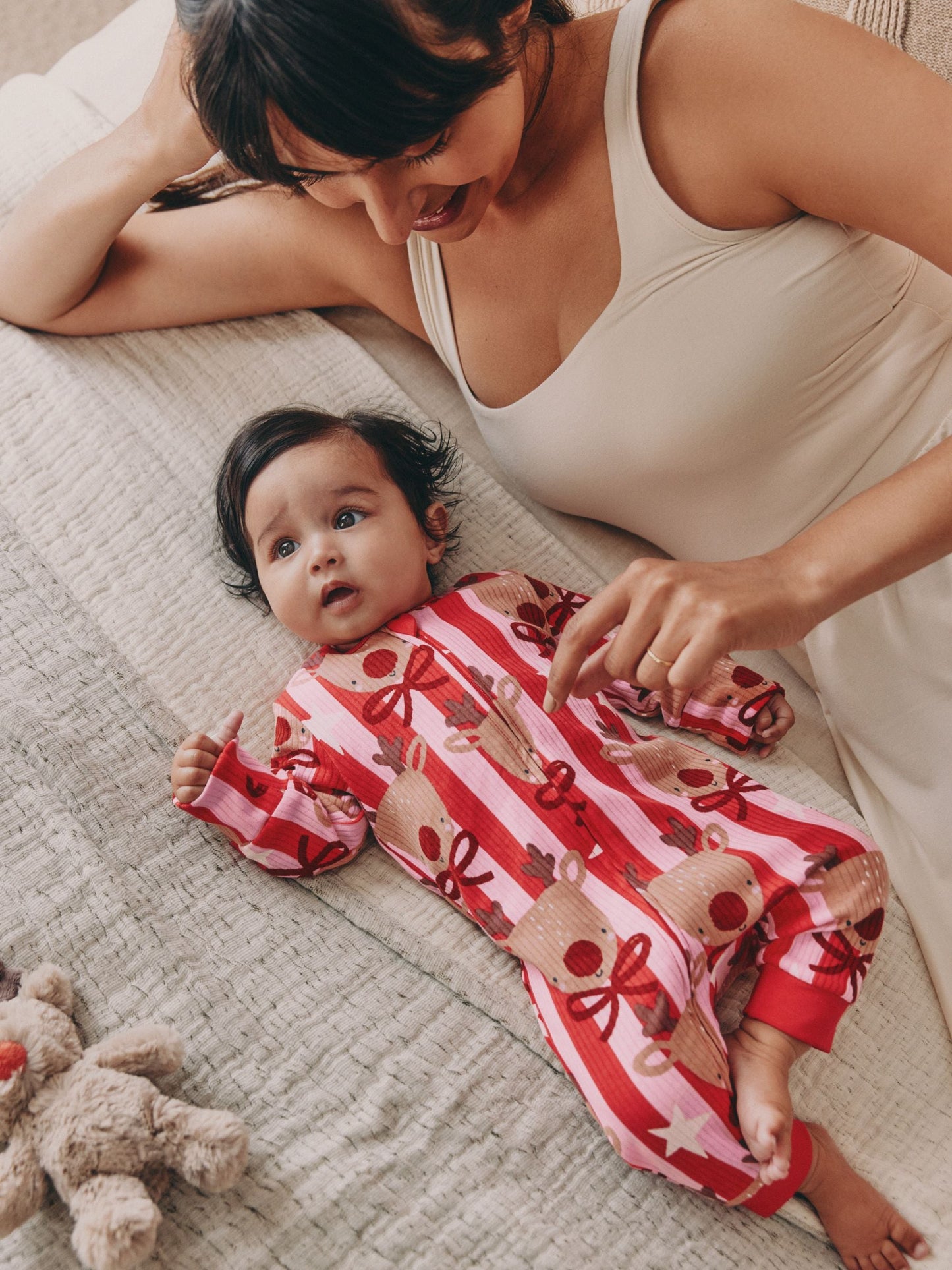 Pink Baby Christmas Reindeer Stripe Sleepsuit (0mths-3yrs)