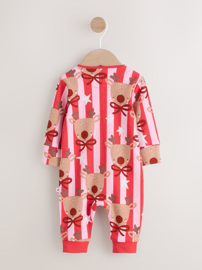 Pink Baby Christmas Reindeer Stripe Sleepsuit (0mths-3yrs)