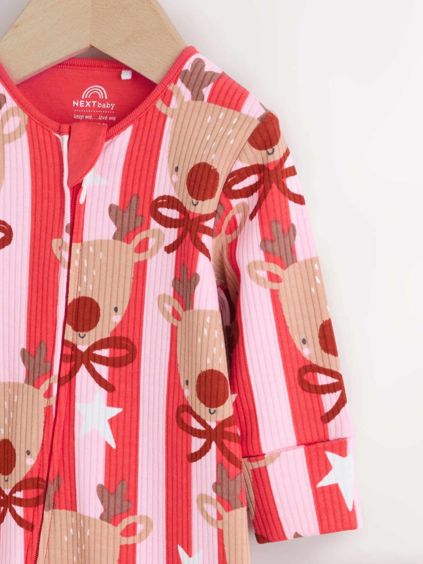 Pink Baby Christmas Reindeer Stripe Sleepsuit (0mths-3yrs)