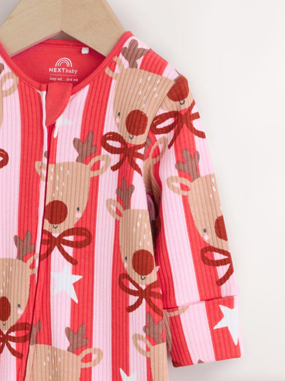Pink Baby Christmas Reindeer Stripe Sleepsuit (0mths-3yrs)