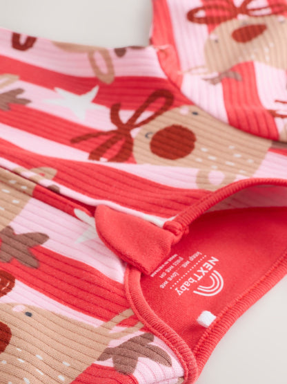 Pink Baby Christmas Reindeer Stripe Sleepsuit (0mths-3yrs)