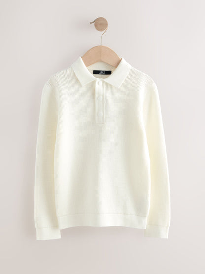 Dsiney Kidz - Ecru Cream Long Sleeve Textured Polo Shirt (3-16yrs) image 1