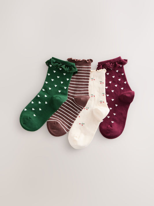 Red, Green,Cream and Brown Cotton Rich Frill/ Fluted Ankle Socks 4 Pack image 1