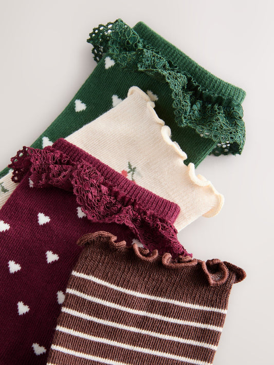 Red, Green,Cream and Brown Cotton Rich Frill/ Fluted Ankle Socks 4 Pack image 3