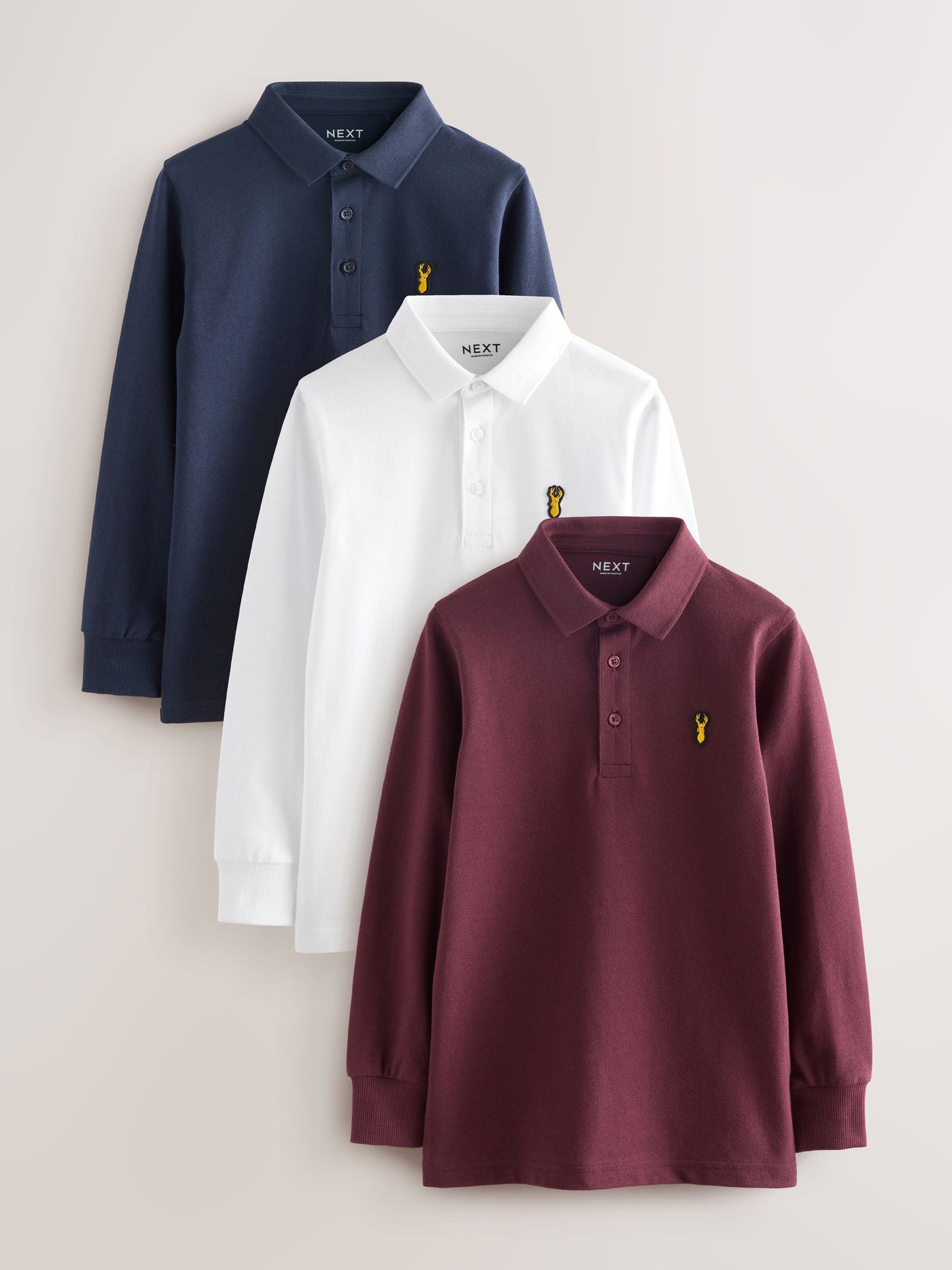 Dsiney Kidz - Navy/White/Berry Long Sleeve Polo Shirts 3 Pack (3-16yrs) image 1