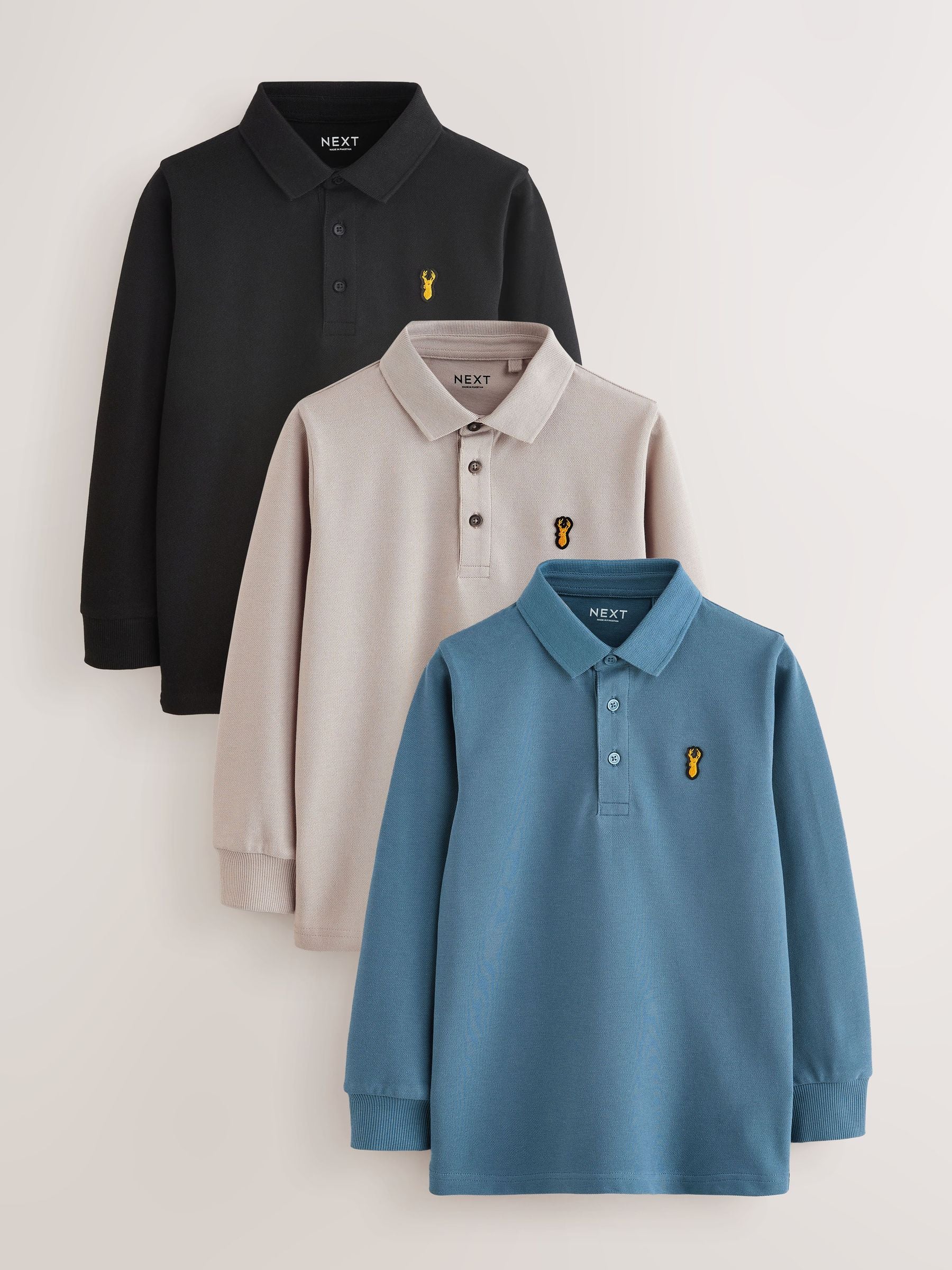 Dsiney Kidz - Blue/Black/Grey Long Sleeve Polo Shirts 3 Pack (3-16yrs) image 1