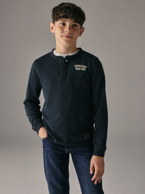 Dsiney Kidz - Superdry Navy Long Sleeve Henley T-Shirt image 1