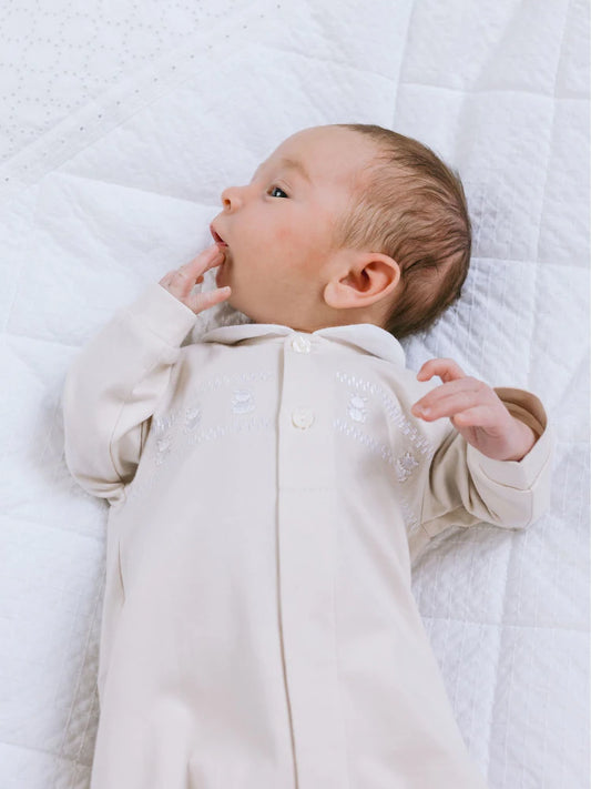 Emile Et Rose Cream Front Open All-In-One With Collar, Emb Teddy Panel & Hat
