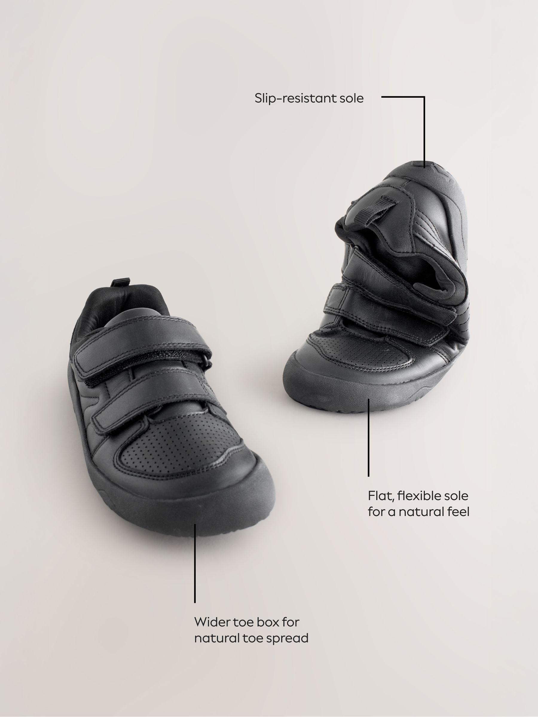 Black Barefoot Leather 2 Strap Touch Fastening School Shoes image 4