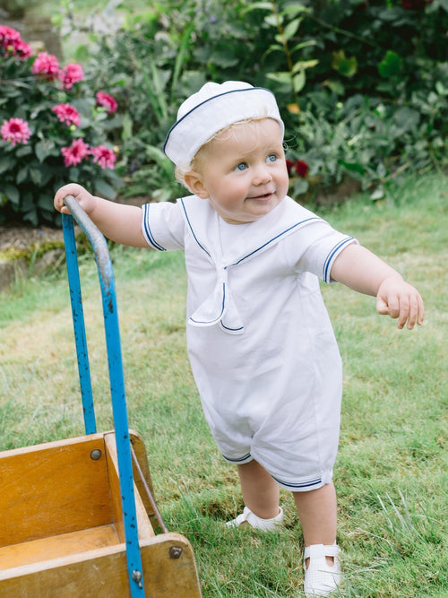 Emile Et Rose White Style Sailor Romper With Collar, Emb & Hat Set image 1