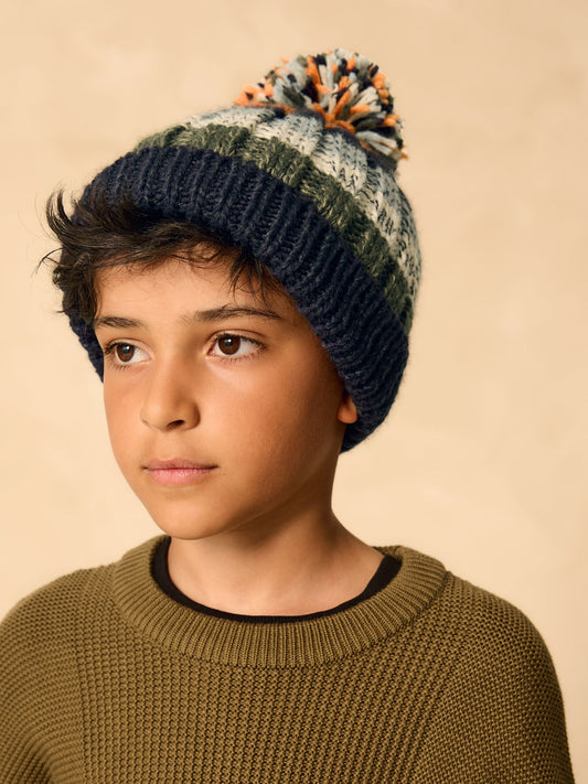 Navy Stripe Pom Beanie Hat (3mths-16yrs) image 1