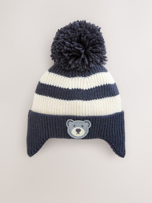 Navy Blue/White Bear Ear-Cover Pom Beanie Hat (3mths-10yrs) image 1