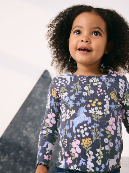 Dsiney Kidz - Navy Floral Unicorn Print Long Sleeve Ribbed T-Shirt (3mths-7yrs) image 1