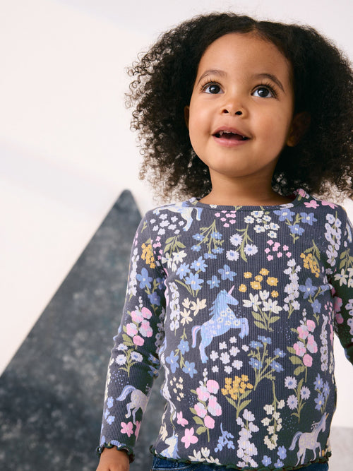 Dsiney Kidz - Navy Floral Unicorn Print Long Sleeve Ribbed T-Shirt (3mths-7yrs) image 1
