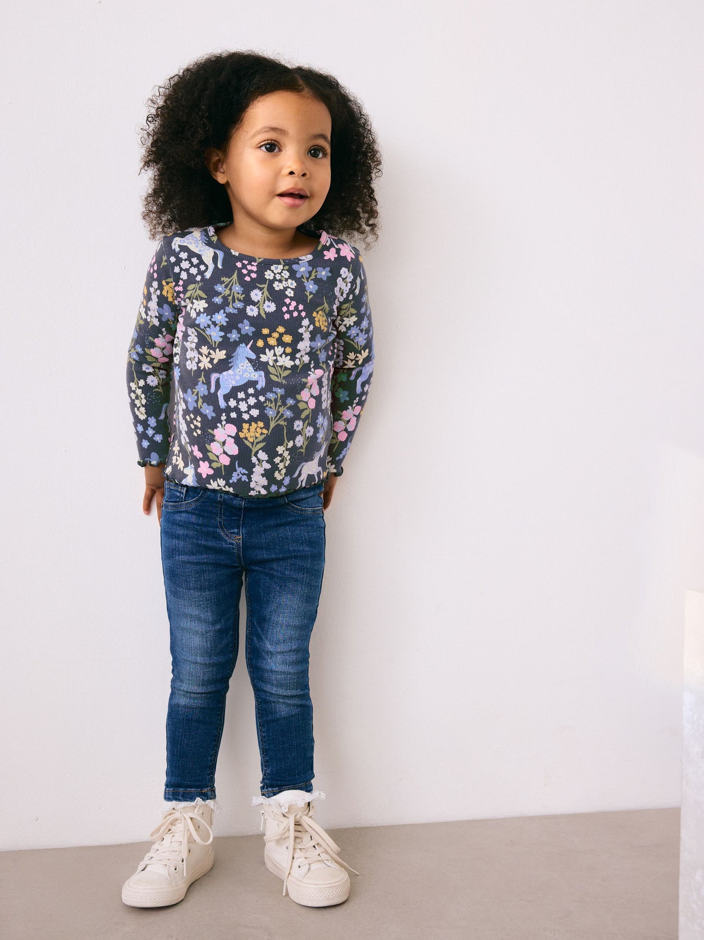 Dsiney Kidz - Navy Floral Unicorn Print Long Sleeve Ribbed T-Shirt (3mths-7yrs) image 2