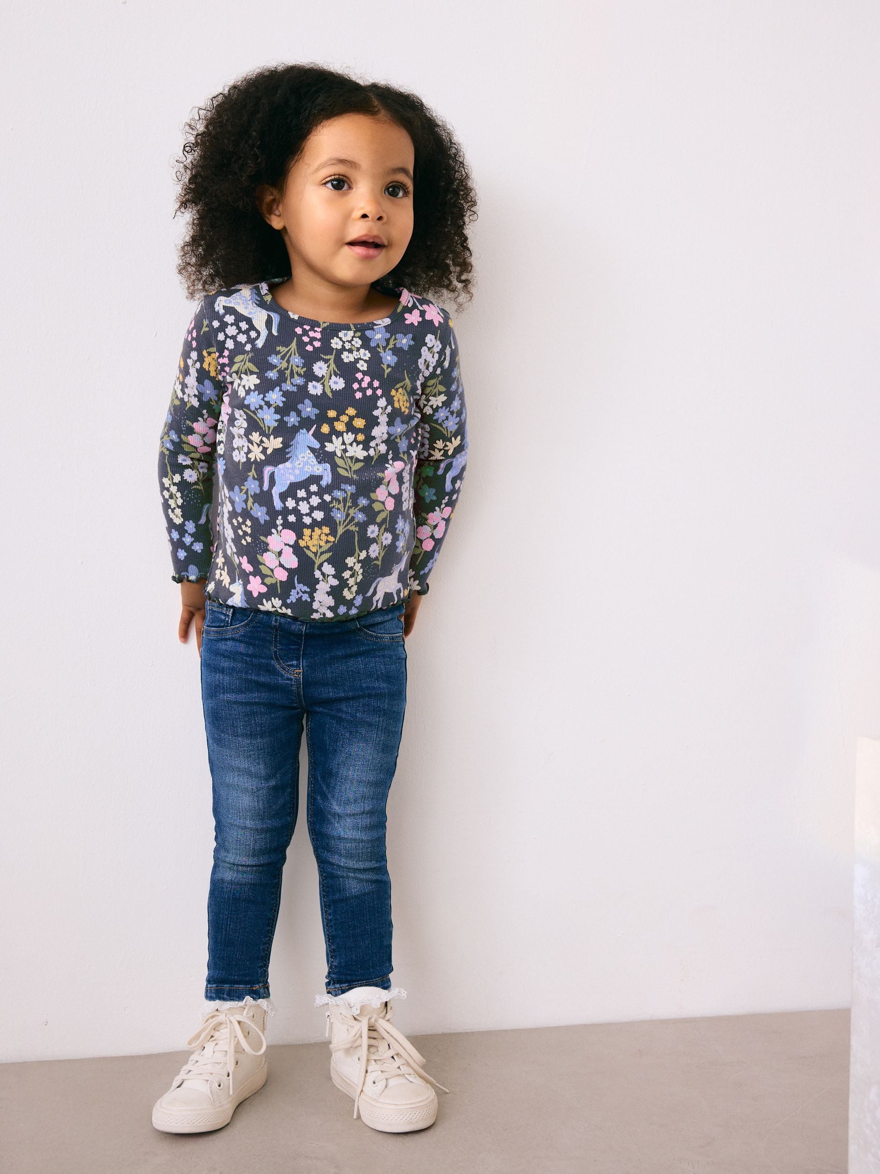 Dsiney Kidz - Navy Floral Unicorn Print Long Sleeve Ribbed T-Shirt (3mths-7yrs) image 2