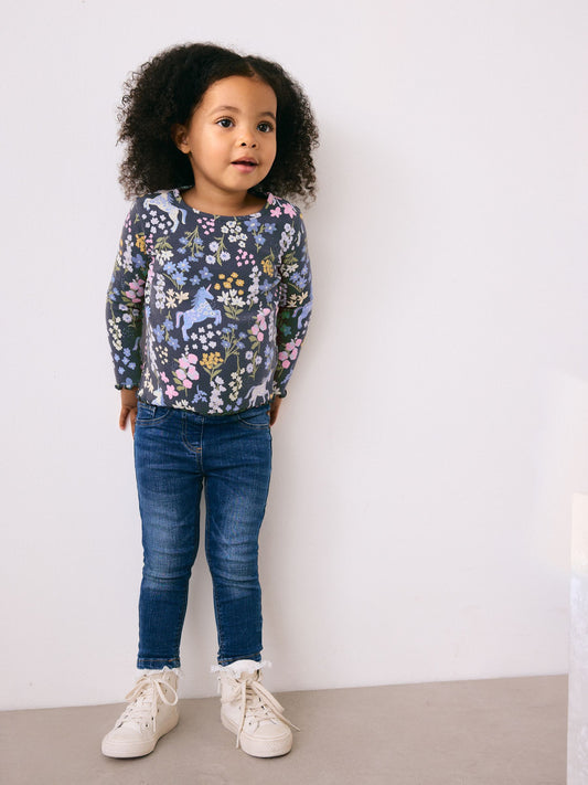 Dsiney Kidz - Navy Floral Unicorn Print Long Sleeve Ribbed T-Shirt (3mths-7yrs) image 2