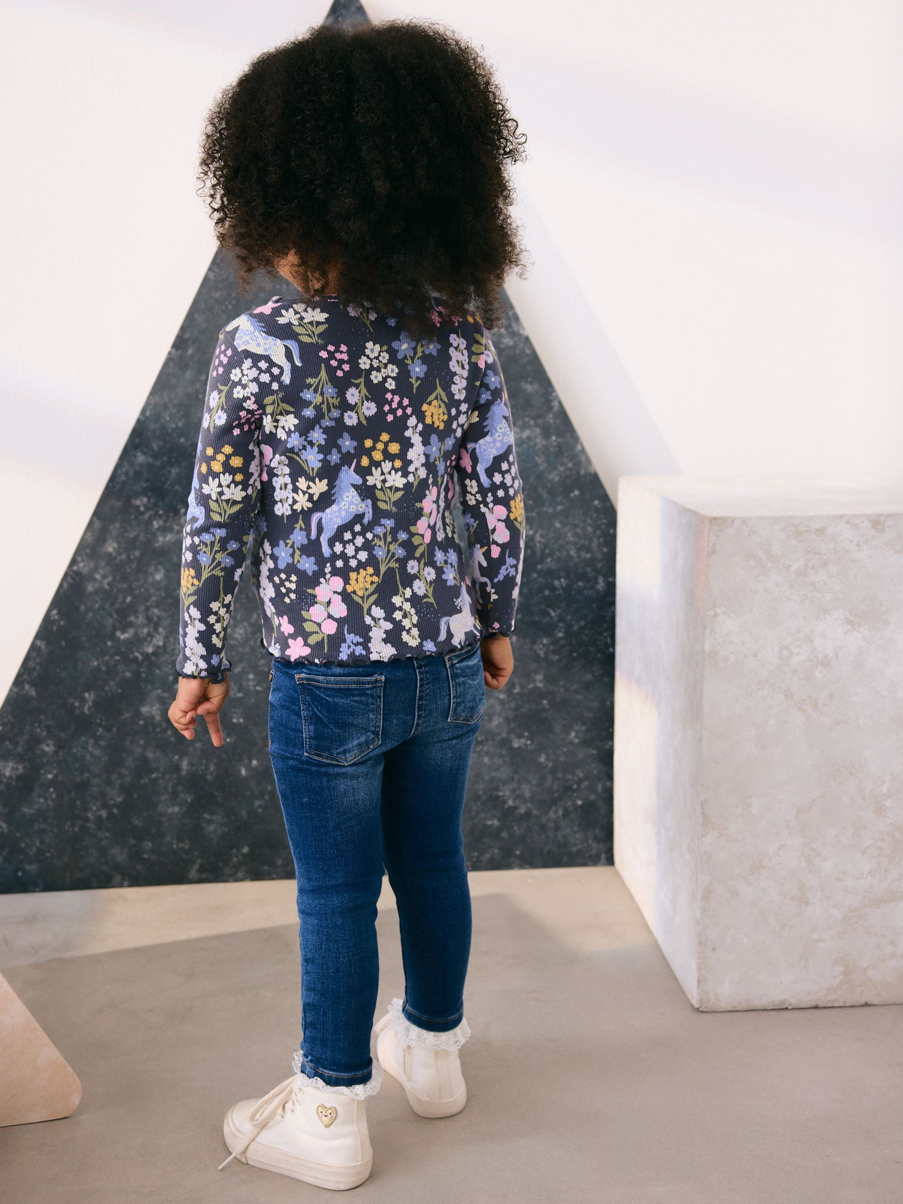 Dsiney Kidz - Navy Floral Unicorn Print Long Sleeve Ribbed T-Shirt (3mths-7yrs) image 3