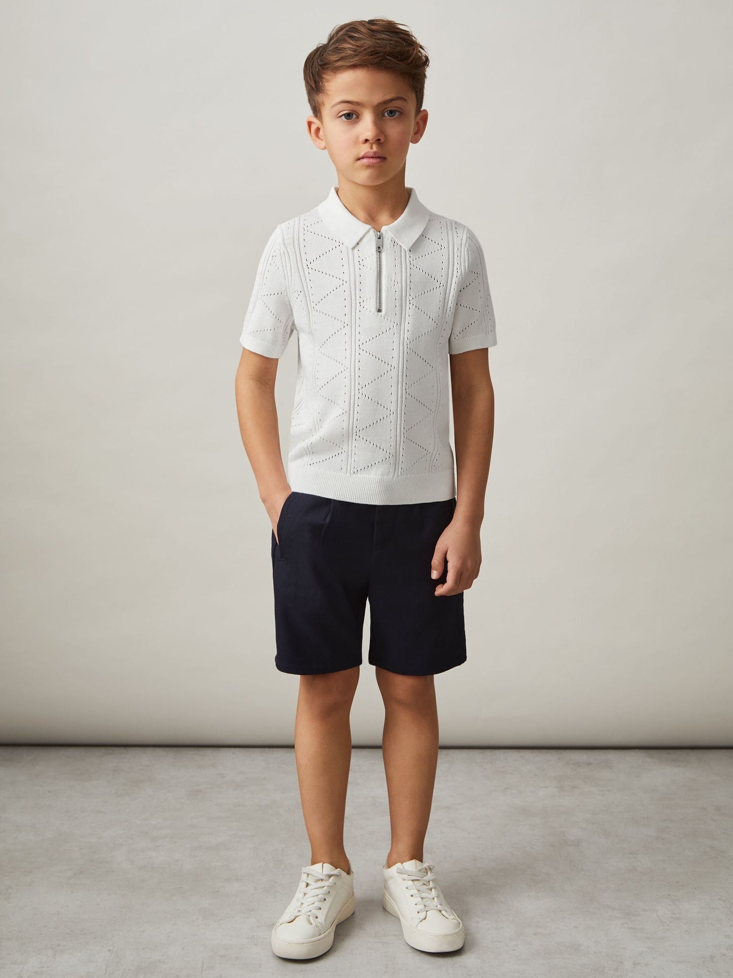 Dsiney Kidz - Reiss Off White Spey 9-13 yrs Half-Zip Pointelle Polo Shirt image 3