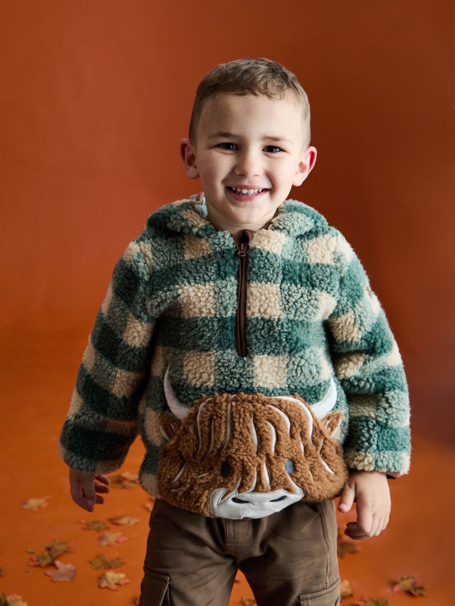 Dsiney Kidz - JoJo Maman Bébé Green Highland Cow Appliqué Half Zip Borg Jacket image 1