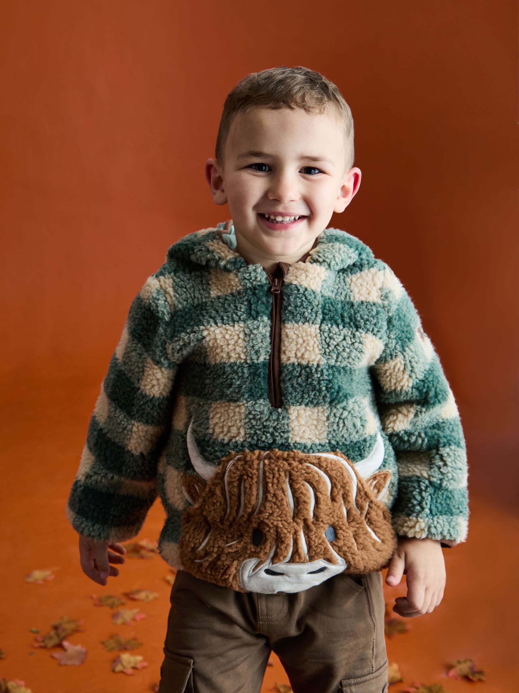 Dsiney Kidz - JoJo Maman Bébé Green Highland Cow Appliqué Half Zip Borg Jacket image 1