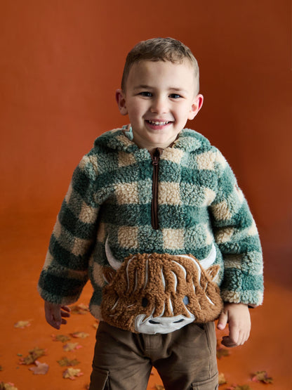 Dsiney Kidz - JoJo Maman Bébé Green Highland Cow Appliqué Half Zip Borg Jacket image 1