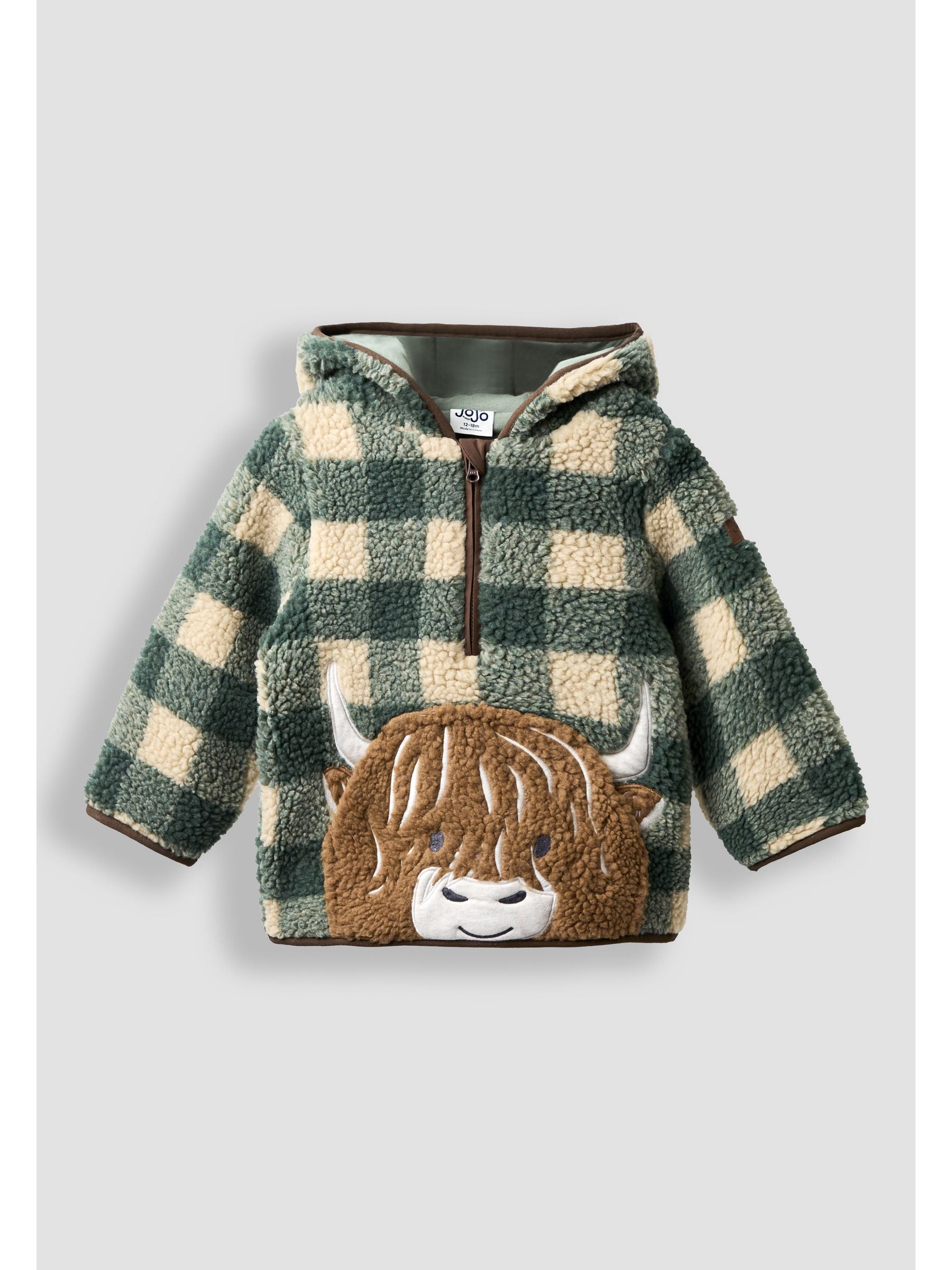 Dsiney Kidz - JoJo Maman Bébé Green Highland Cow Appliqué Half Zip Borg Jacket image 2