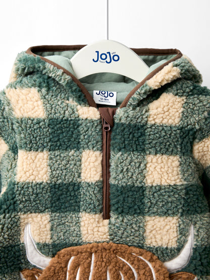 Dsiney Kidz - JoJo Maman Bébé Green Highland Cow Appliqué Half Zip Borg Jacket image 4