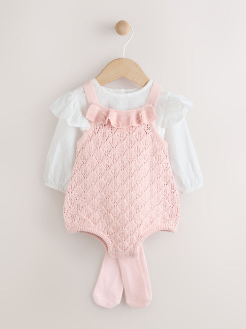 Pink/ White Baby Romper and Knitted Dungarees with Tights 3 Piece Set (0mths-2yrs) image 1
