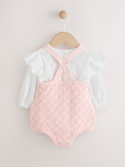 Pink/ White Baby Romper and Knitted Dungarees with Tights 3 Piece Set (0mths-2yrs) image 3