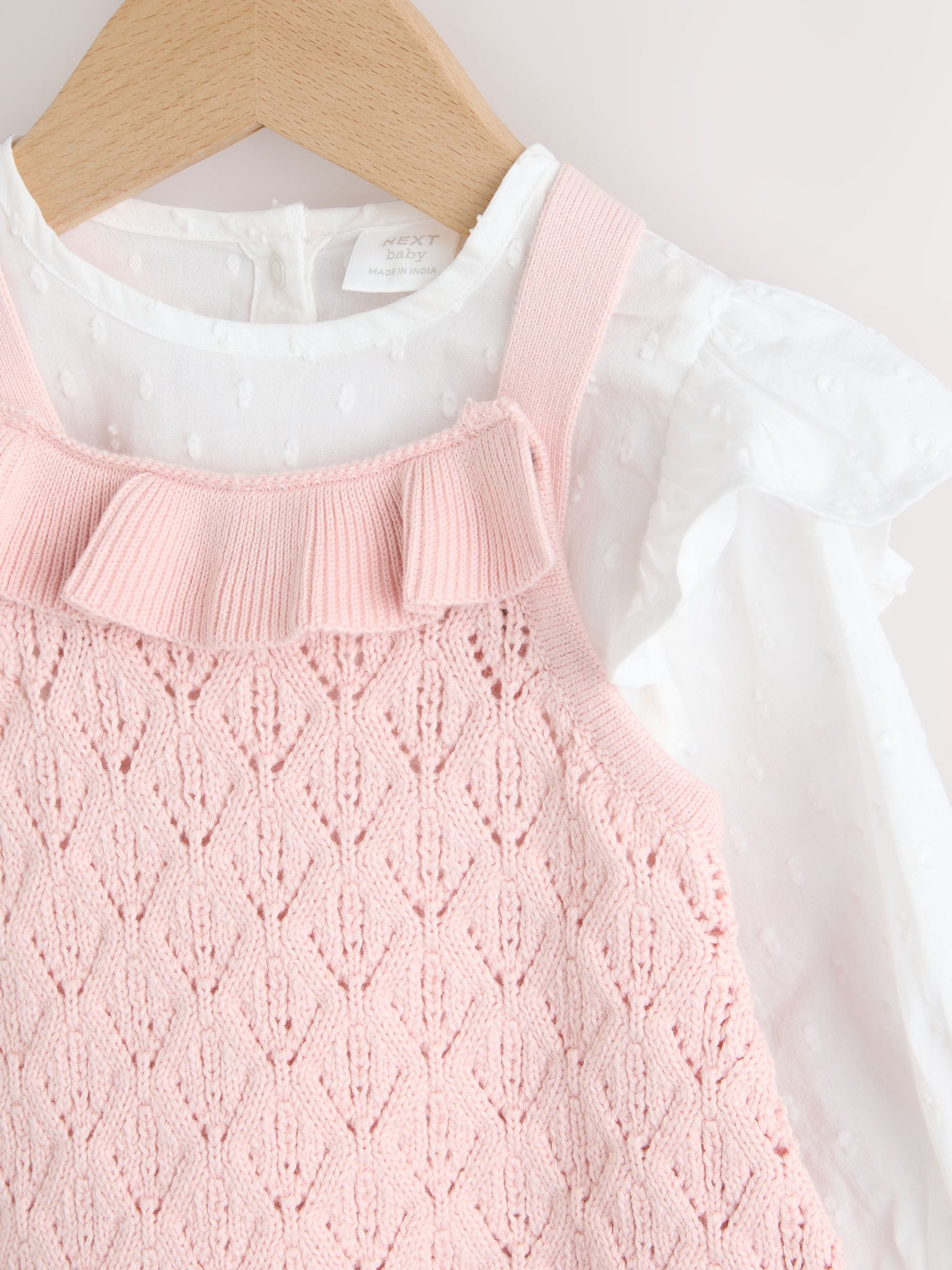 Pink/ White Baby Romper and Knitted Dungarees with Tights 3 Piece Set (0mths-2yrs) image 4