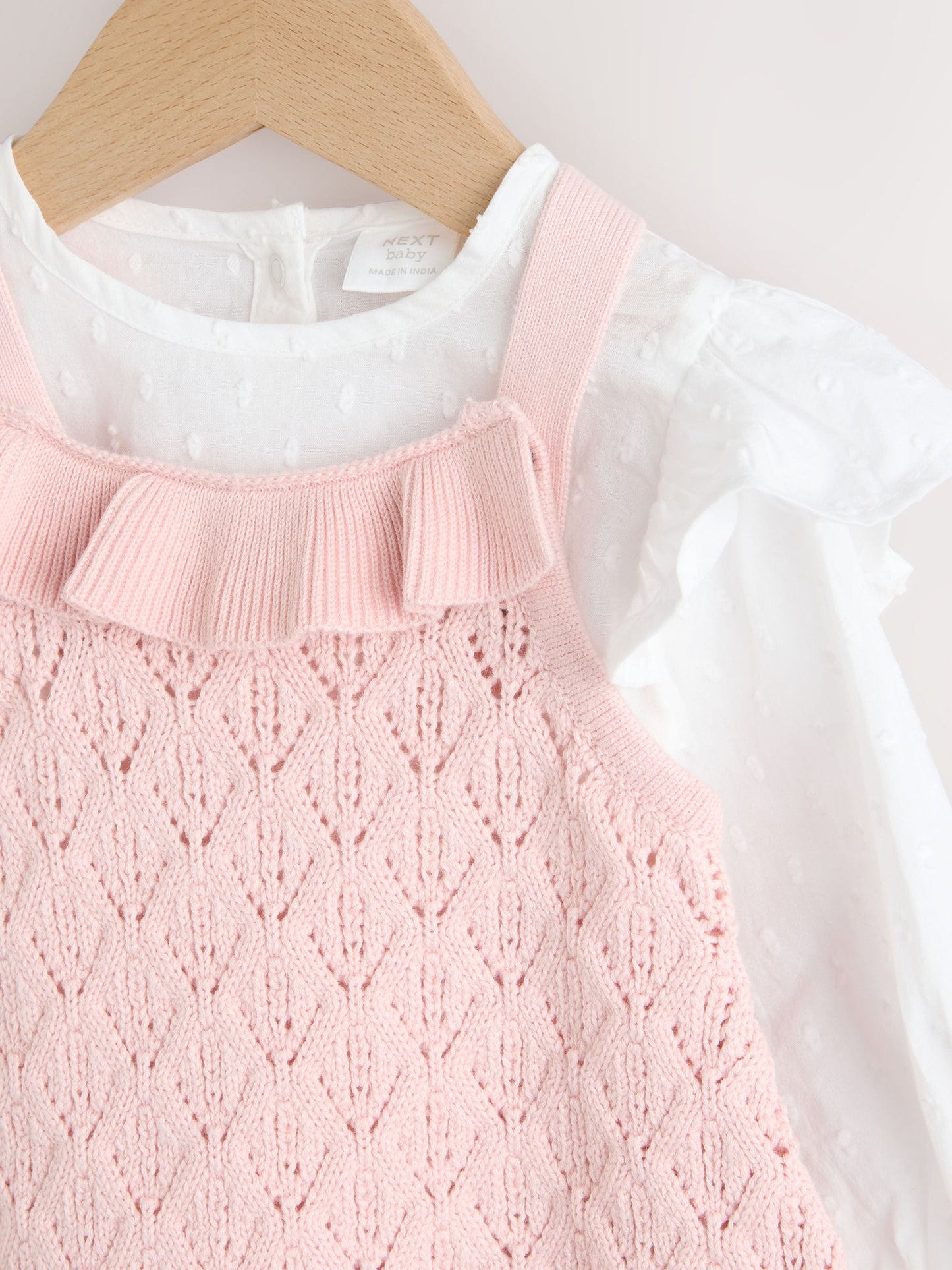 Pink/ White Baby Romper and Knitted Dungarees with Tights 3 Piece Set (0mths-2yrs)