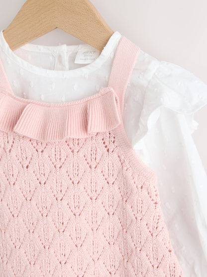 Pink/ White Baby Romper and Knitted Dungarees with Tights 3 Piece Set (0mths-2yrs)