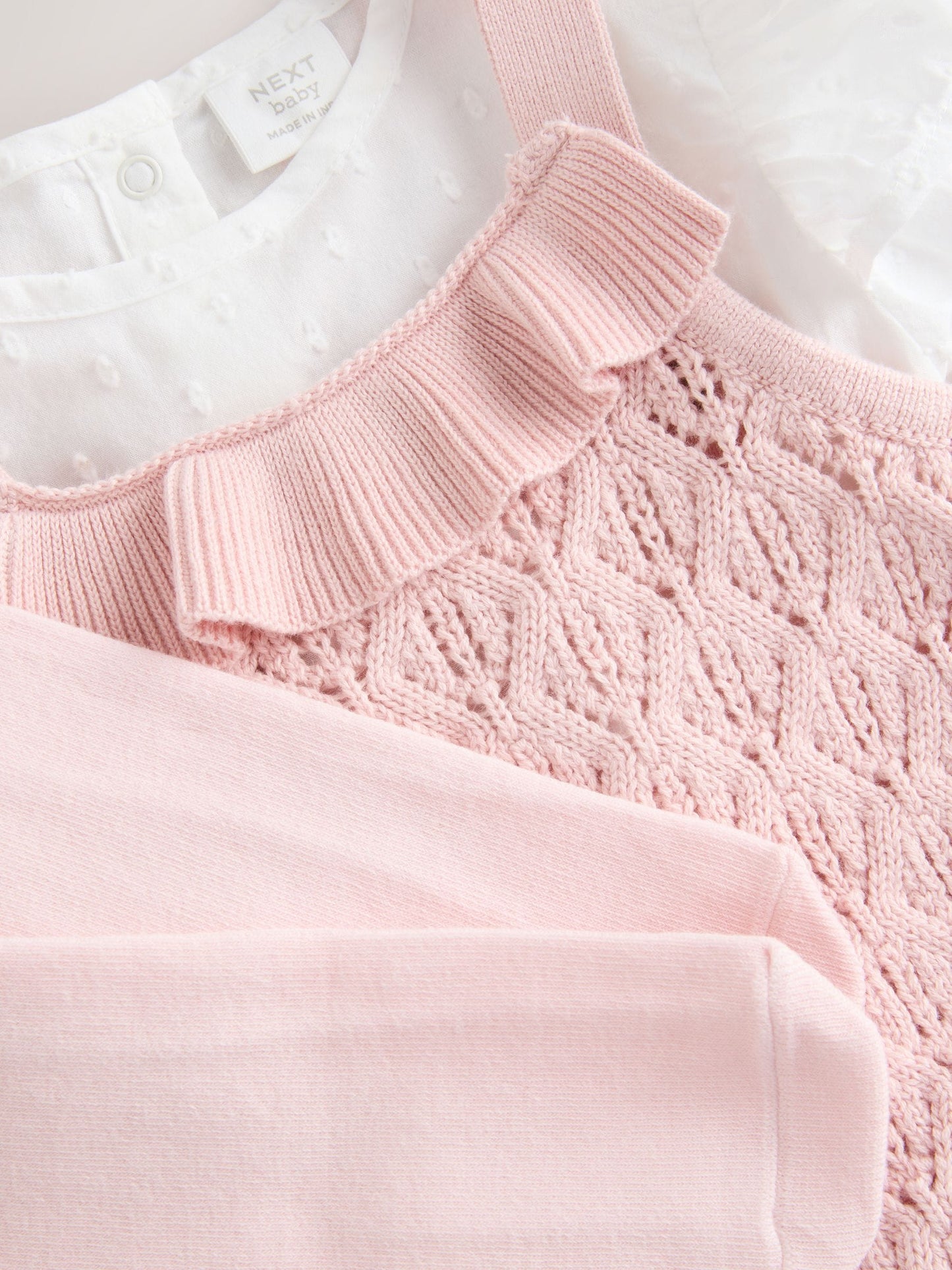 Pink/ White Baby Romper and Knitted Dungarees with Tights 3 Piece Set (0mths-2yrs)