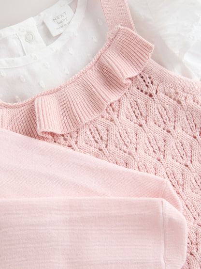 Pink/ White Baby Romper and Knitted Dungarees with Tights 3 Piece Set (0mths-2yrs)