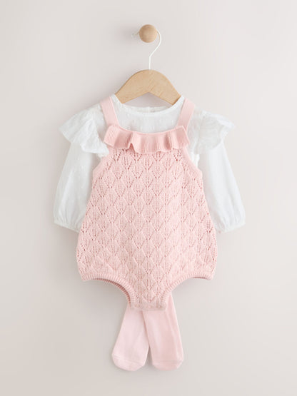 Pink/ White Baby Romper and Knitted Dungarees with Tights 3 Piece Set (0mths-2yrs)