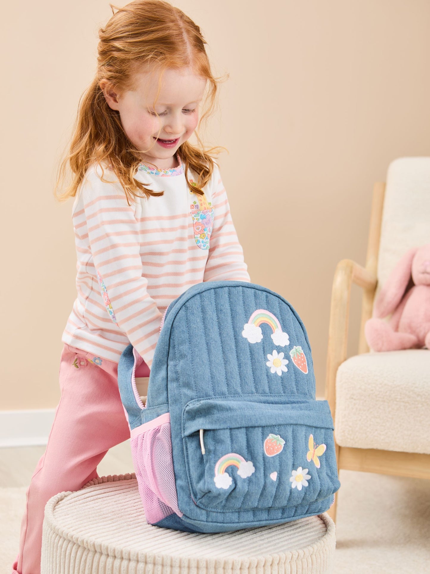 JoJo Maman Bébé Quilted Denim Embroidered Medium Backpack image 1