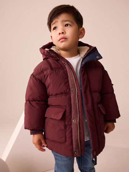 Burgundy Red Borg Lined Padded Shower Resistant Coat (3mths-7yrs)