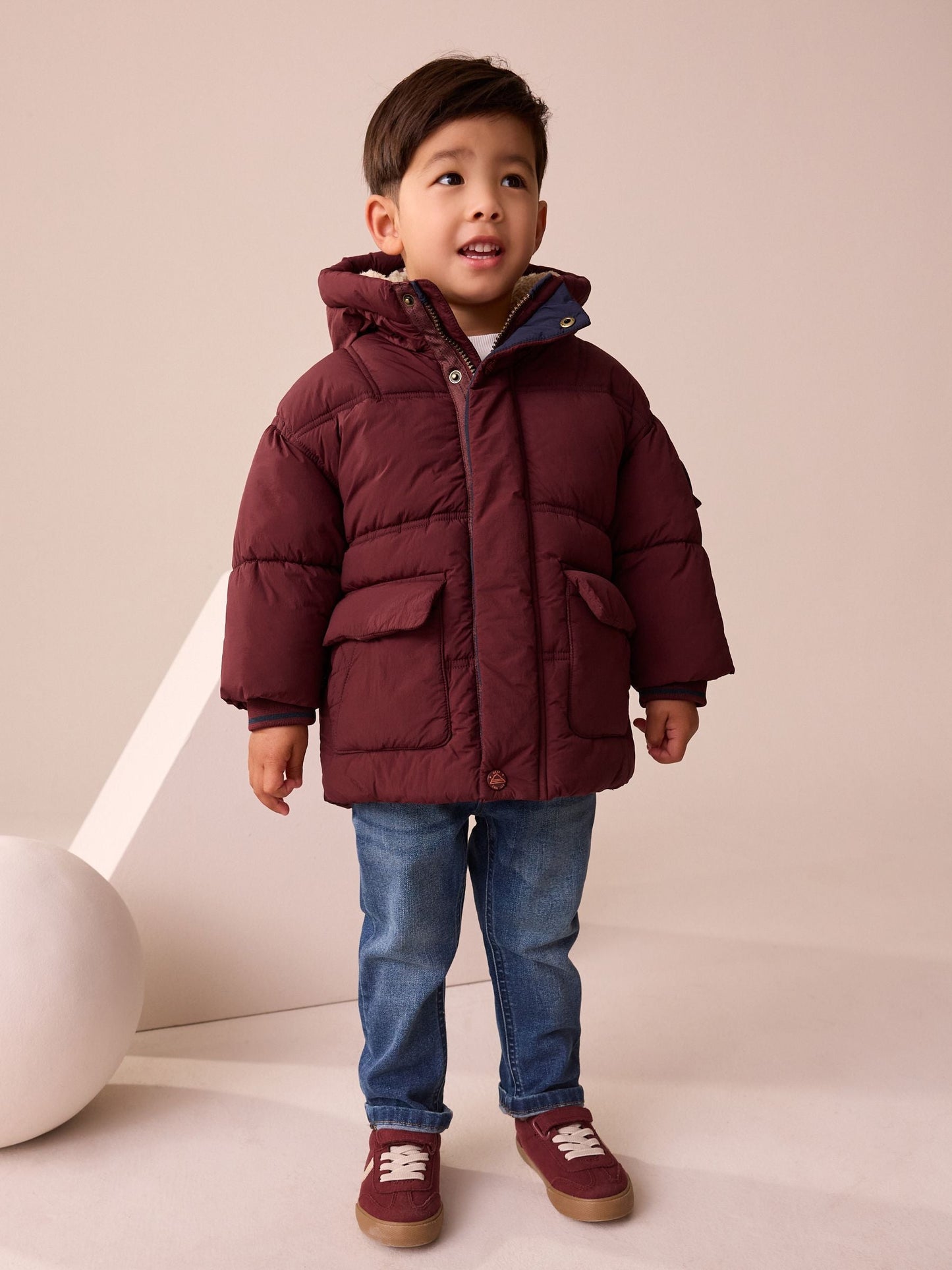 Burgundy Red Borg Lined Padded Shower Resistant Coat (3mths-7yrs)