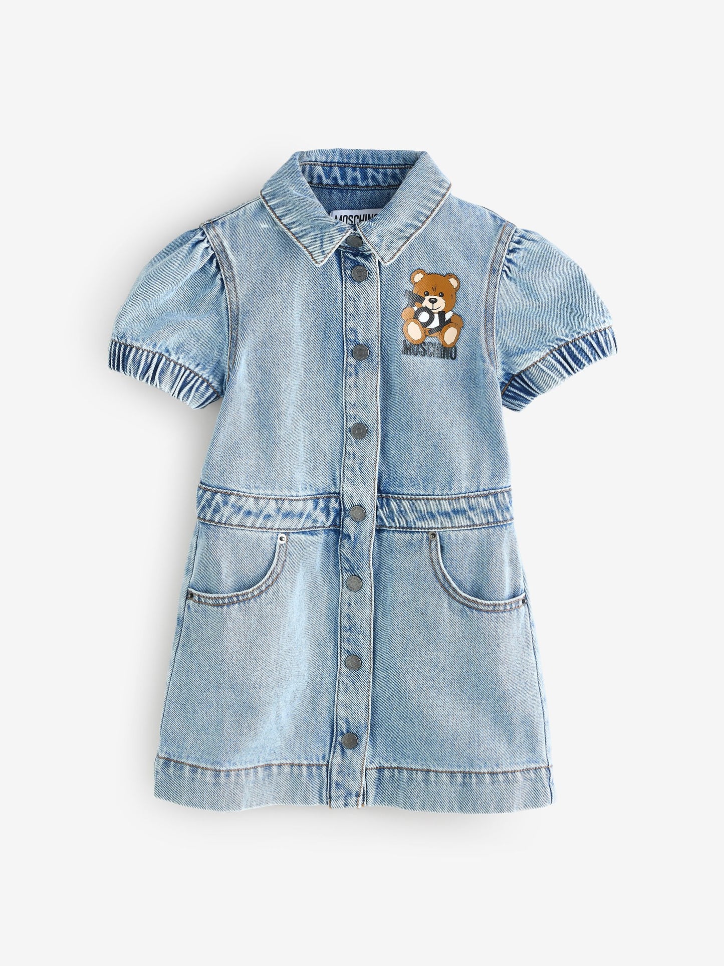 Moschino Blue Logo Denim Dress With Puff Sleeves image 1