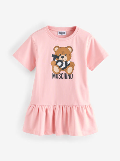 Moschino Pink Logo Jersey Short Sleeve Dress With Peplum Hem image 1