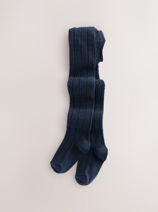Navy Blue Longer Length Cotton Rich Cable Tights image 1
