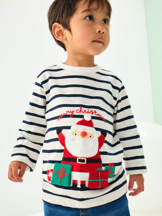 White/Blue Santa Appliqué Christmas Long Sleeve T-Shirt (3mths-7yrs)