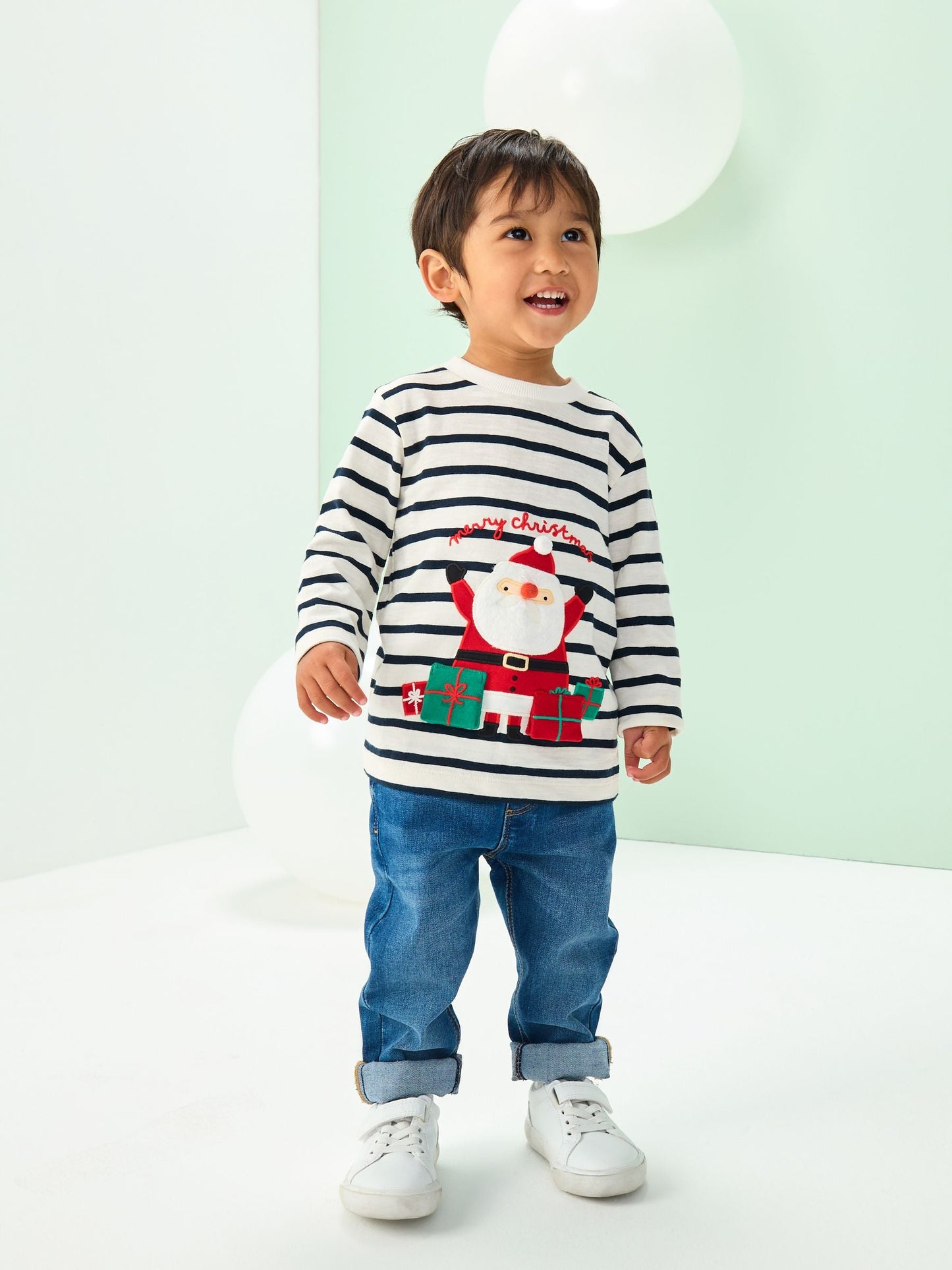 White/Blue Santa Appliqué Christmas Long Sleeve T-Shirt (3mths-7yrs)