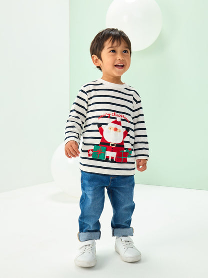 White/Blue Santa Appliqué Christmas Long Sleeve T-Shirt (3mths-7yrs)