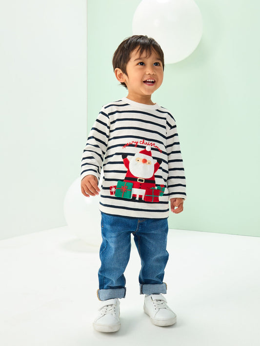 White/Blue Santa Appliqué Christmas Long Sleeve T-Shirt (3mths-7yrs)