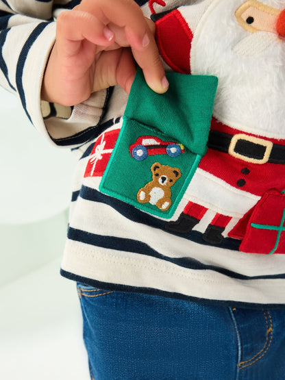 White/Blue Santa Appliqué Christmas Long Sleeve T-Shirt (3mths-7yrs)